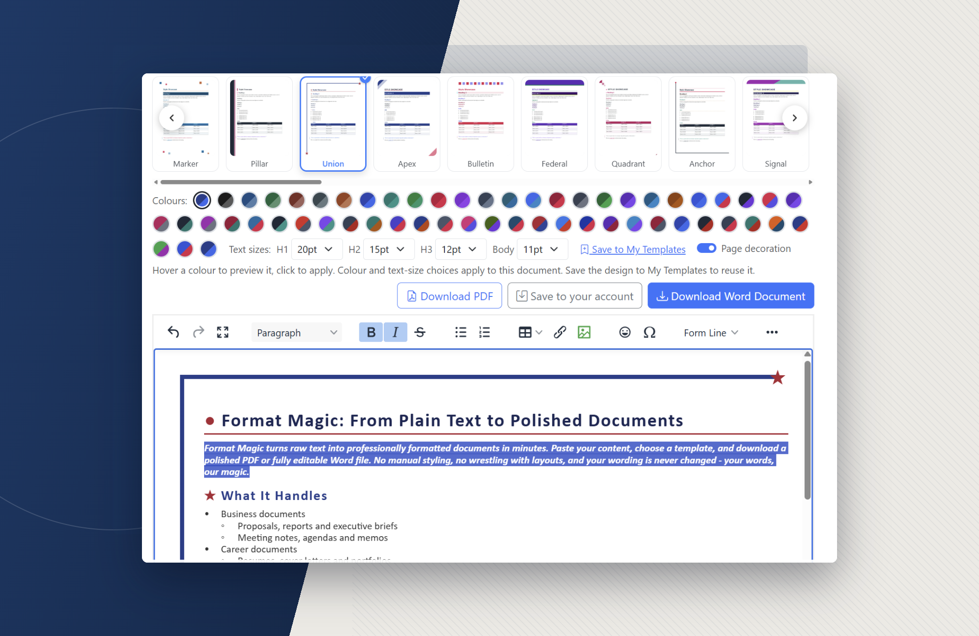 The Format Magic built-in editor open in a browser, with a formatted Word document being edited before download