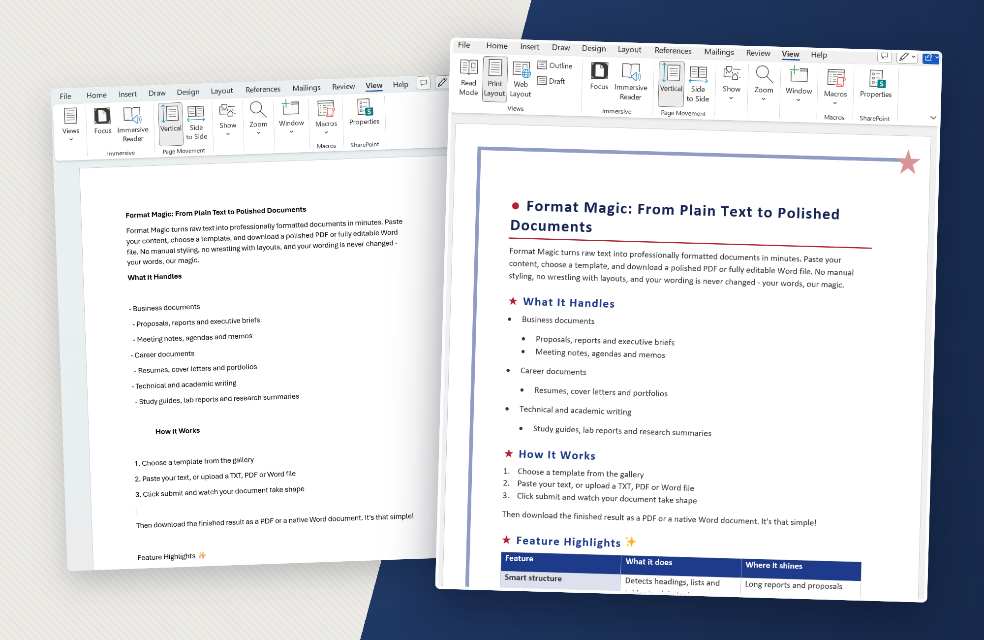 Before and after: a messy Word document on the left, and the same document reworked by the AI Word editor into a cleanly formatted design on the right