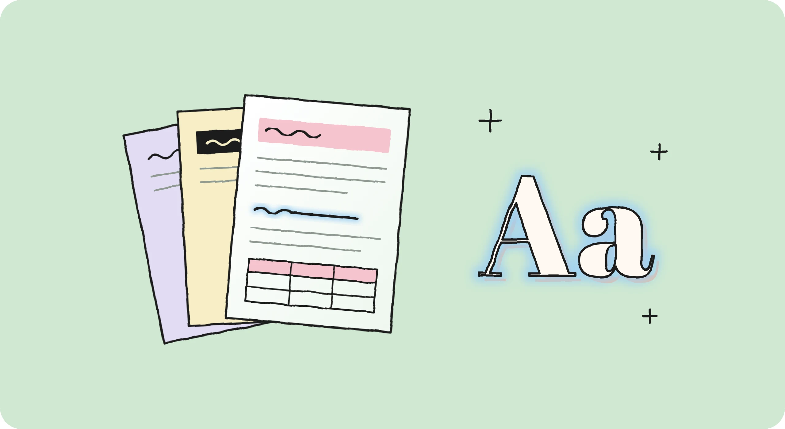 Colored document pages fanned out beside a large outlined, glowing Aa