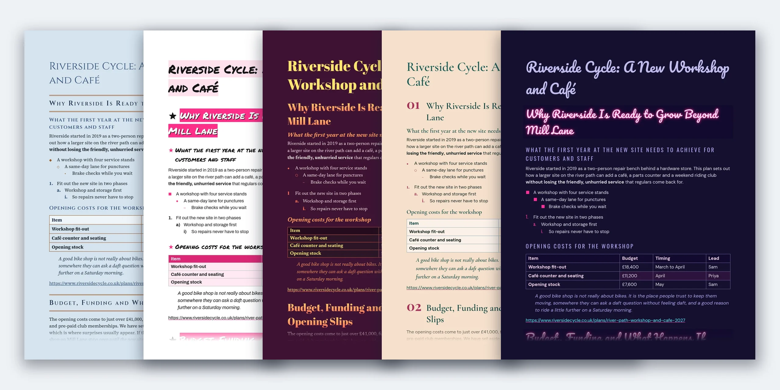 Five Studio Word templates side by side: Apothecary, Sharpie, Sunburn Poster, Herbarium Number and Neon Motel