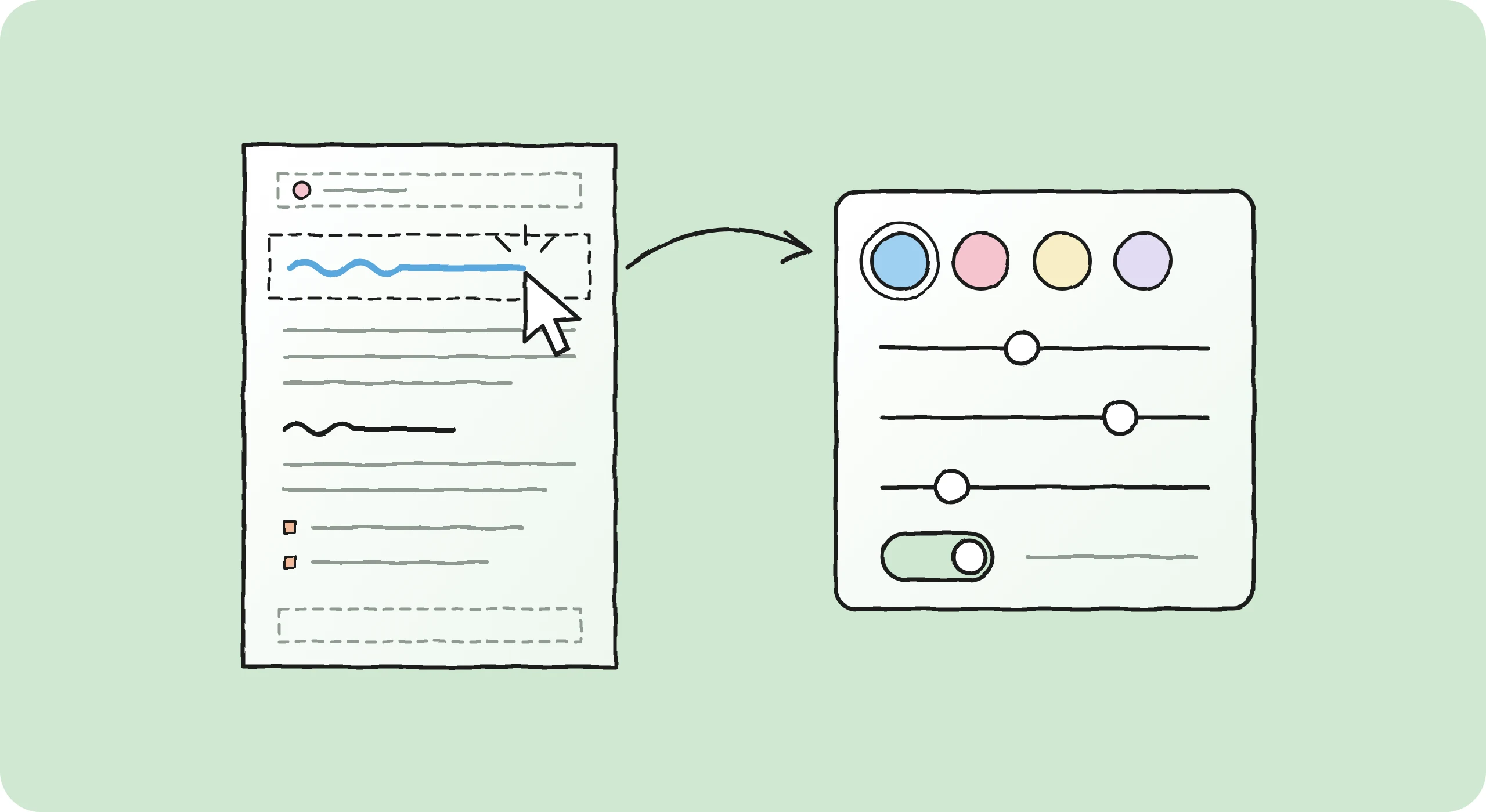 A heading clicked on a page opens a panel of color swatches and sliders