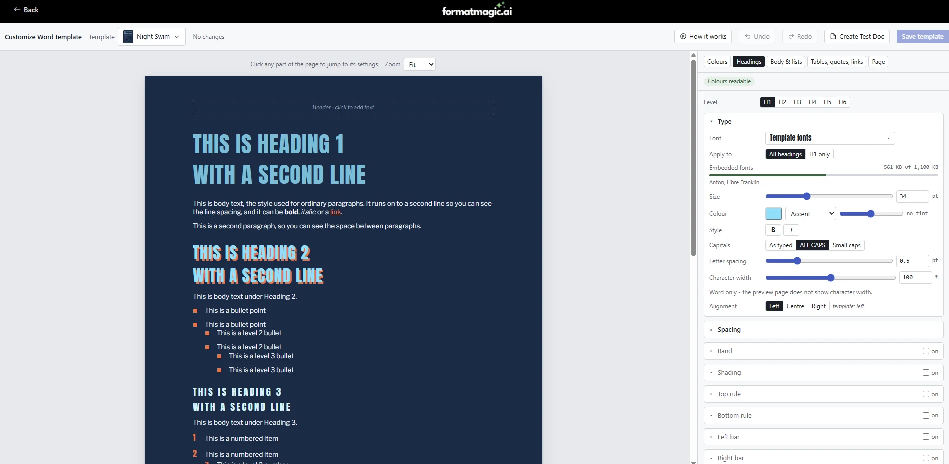The Format Magic Word template customizer with a dark page preview and the heading settings panel