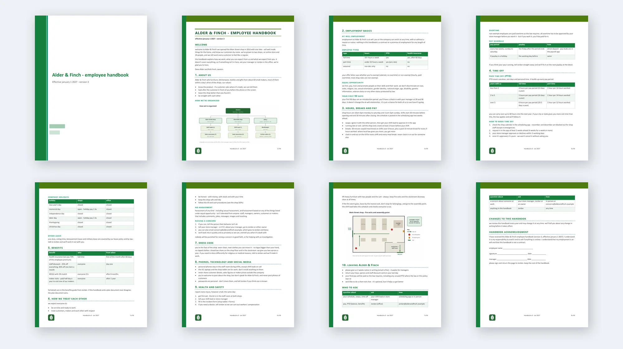 All eight pages of the sample employee handbook: a cover page, the welcome and org chart, employment basics with an employee types table, pay schedule and PTO accrual tables, company holidays and benefits tables, conduct and safety policies with numbered steps, a fire exit map, and a final page with a contacts table and the signed acknowledgment, with the logo, handbook version and page number in the footer