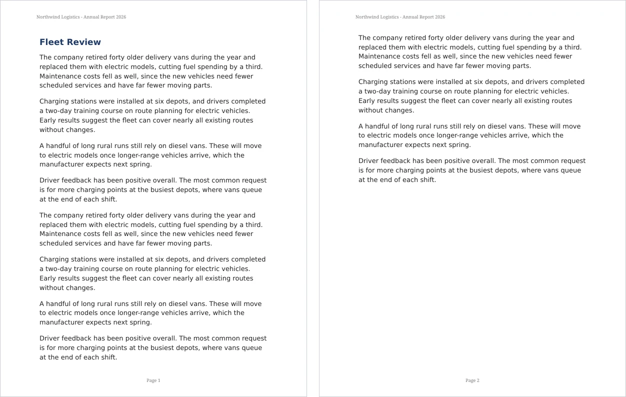 Two sample report pages, each with a running header at the top and a page number at the bottom