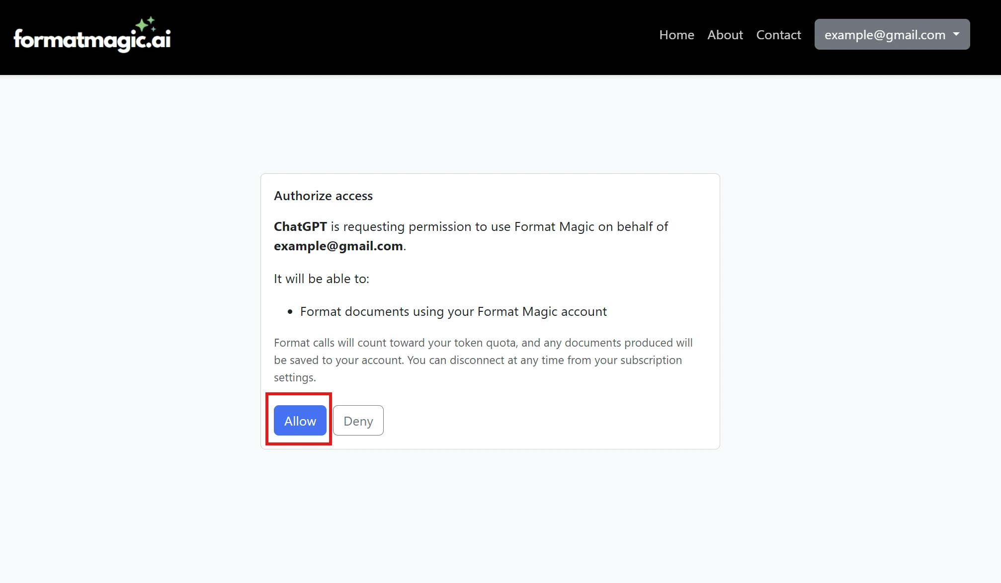 The Format Magic Authorize access page with the Allow button highlighted, granting ChatGPT permission to format documents