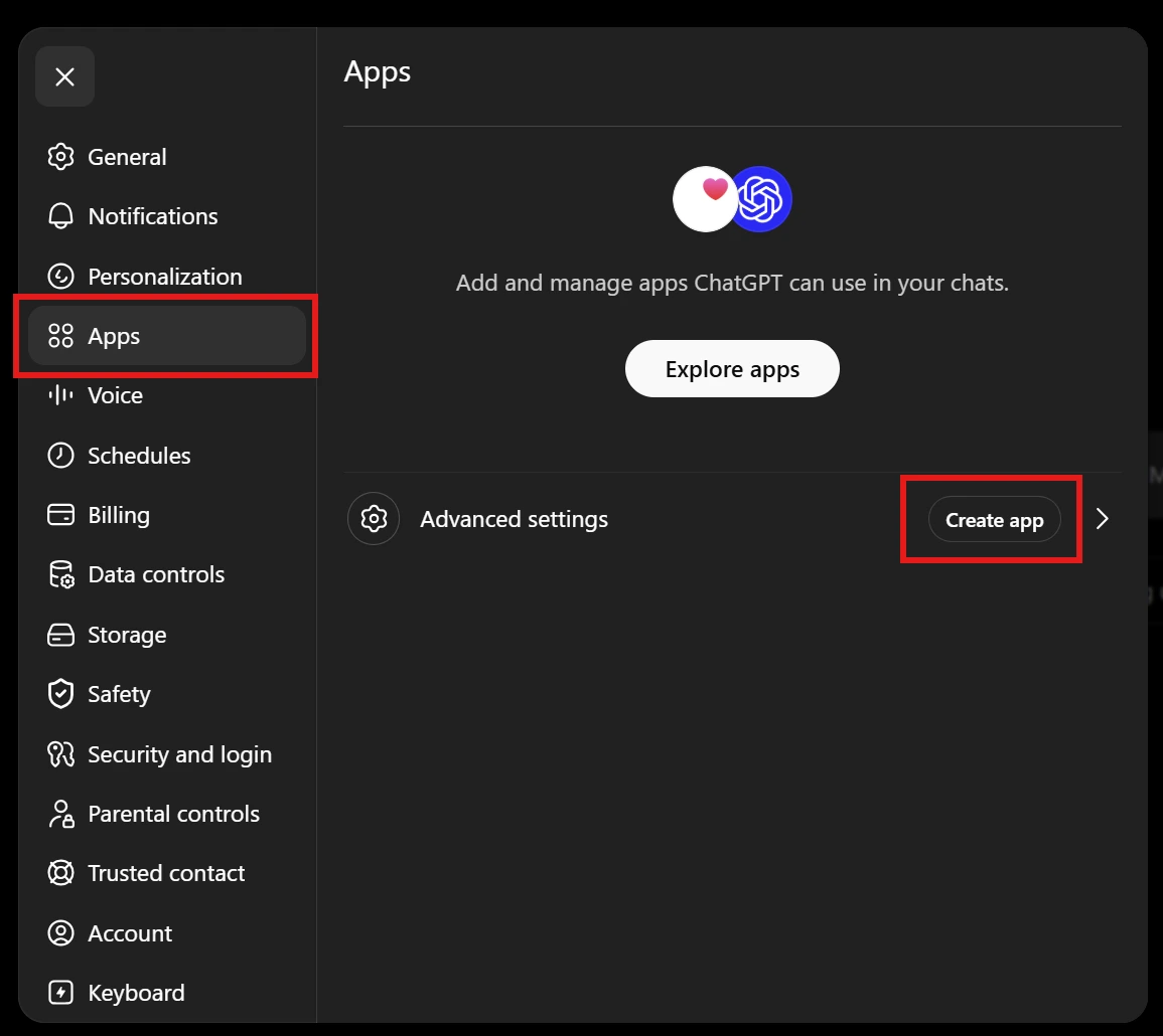 ChatGPT's Apps settings screen with the Apps tab and the Create app button highlighted