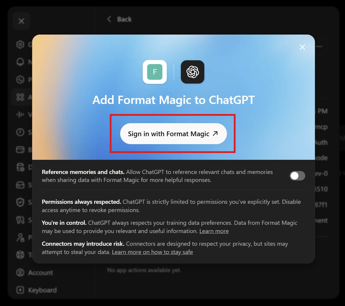 ChatGPT's Add Format Magic to ChatGPT dialog with the Sign in with Format Magic button highlighted