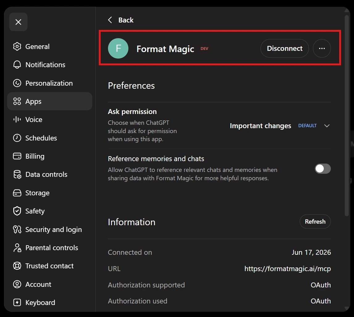 Format Magic shown as a connected app in ChatGPT's settings, with its connector URL and OAuth details and a Disconnect button