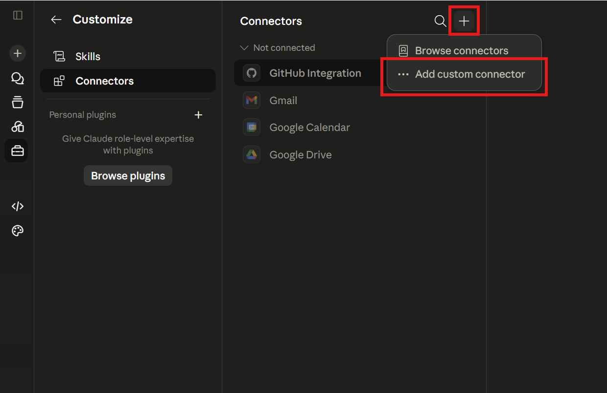 Claude's Customize Connectors panel with the + button menu open and Add custom connector highlighted