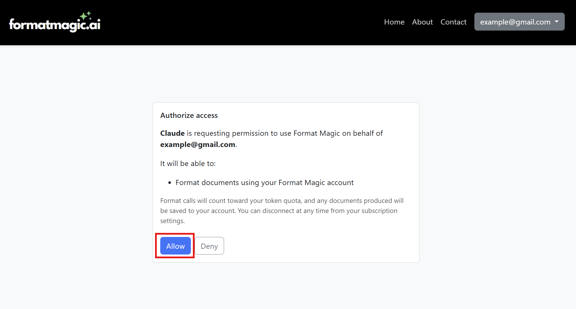 The Format Magic Authorize access page with the Allow button highlighted, granting Claude permission to format documents