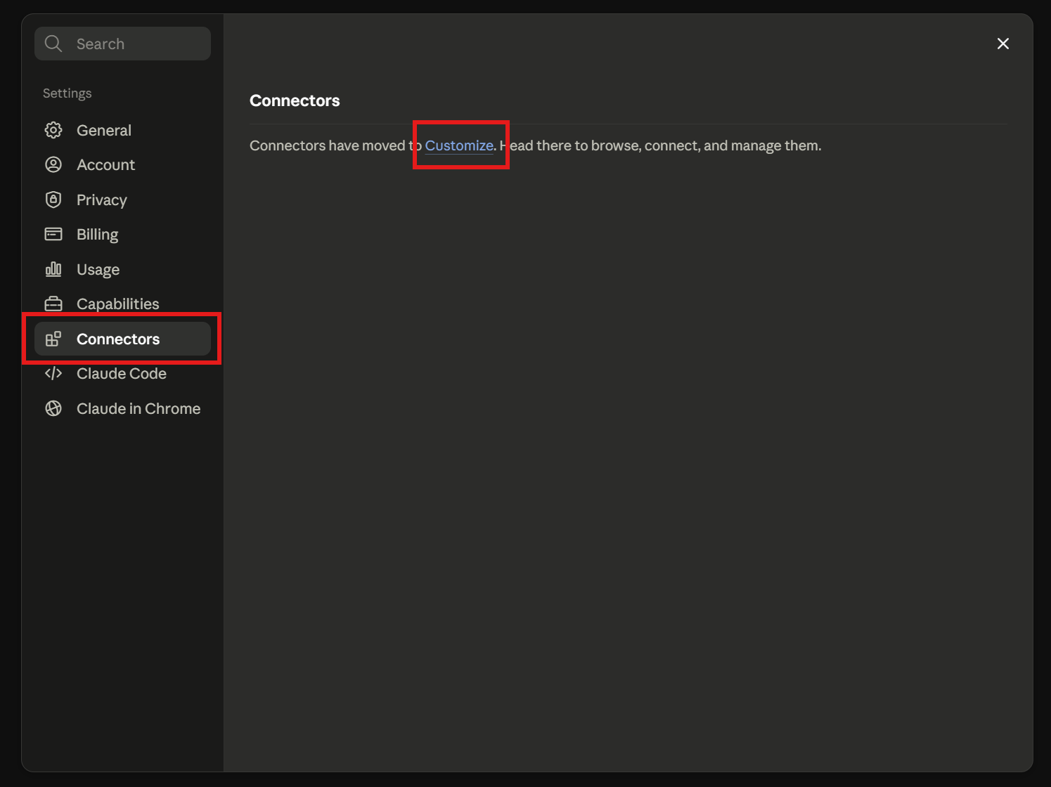 Claude's Settings screen showing that Connectors have moved to Customize, with the Customize link highlighted
