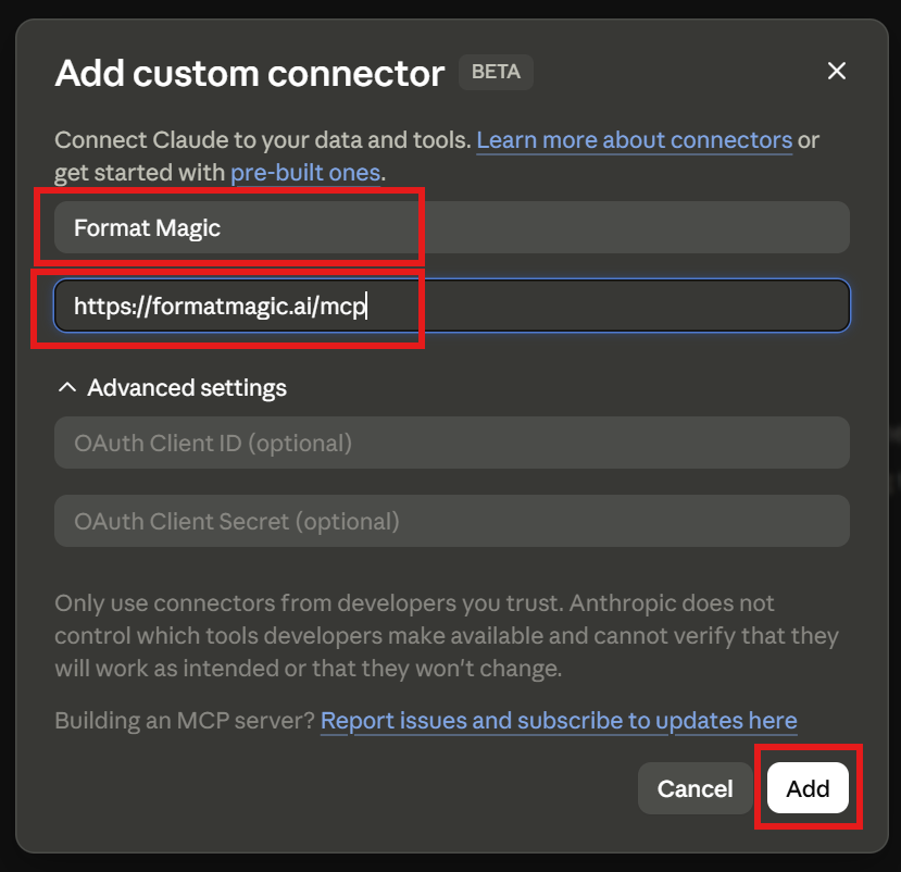 The Add custom connector dialog in Claude, with Format Magic entered as the name and the connector URL filled in