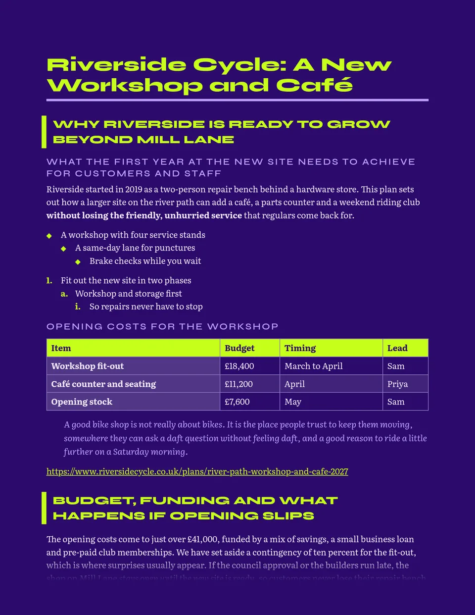 Acid lime capitals and a thick lime side bar on a deep violet page, a two-colour rave-flyer look carried through every heading, list and table - made for event proposals, festival line-ups, creative briefs and loud newsletters.