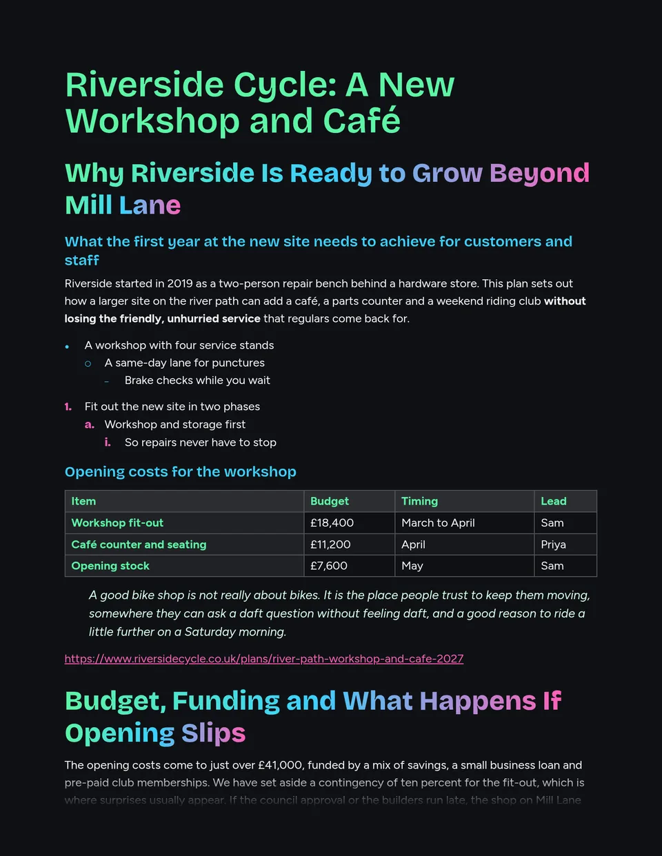 Bold headings sweep from aurora green through cyan to hot pink across a night-sky page, with friendly, easy-reading body text and quiet dark tables. Suited to event proposals, creative briefs, launch plans and newsletters read on screen.
