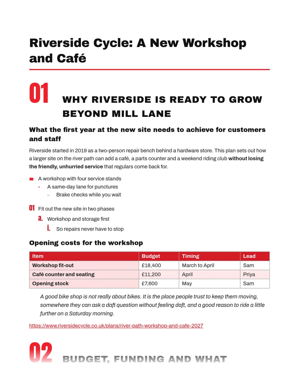 Bold black headings with a tall red number in front of every section, on a clean white page set in a single typeface. Suits reports, proposals, pitch documents, step-by-step guides and event programmes.
