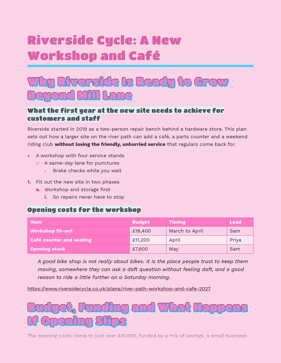 Candy-pink pages with chunky bubble-letter headings inked in black and lifted by a hard cyan shadow, soft pink titles, cyan-backed subheadings and bright pink tables - made for event proposals, launch plans, party plans and lifestyle newsletters.