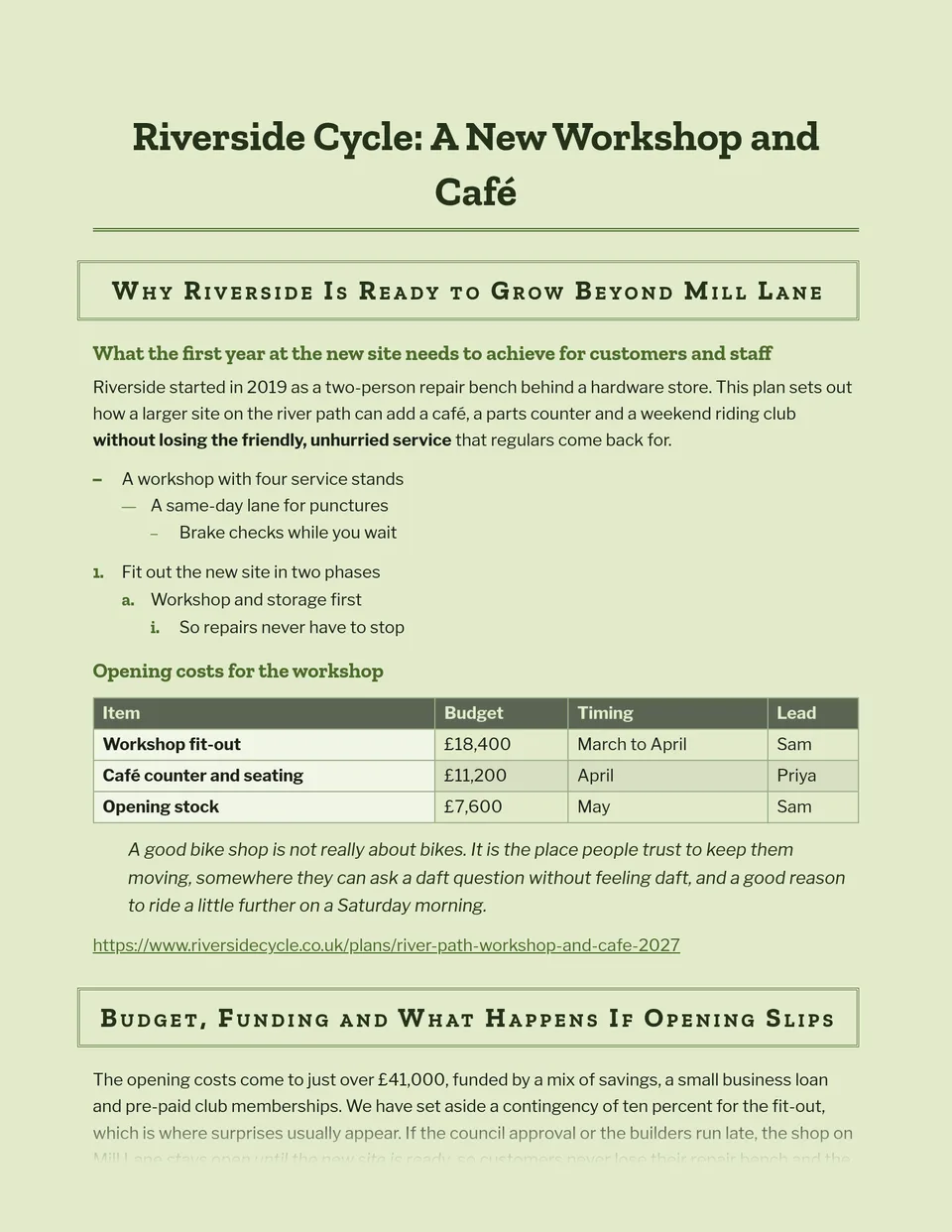 Centred small-caps slab headings inside engraved thick-and-thin green frames on pale pistachio paper, with a sturdy gothic for the text - suited to event proposals, invitations, menus and newsletters.