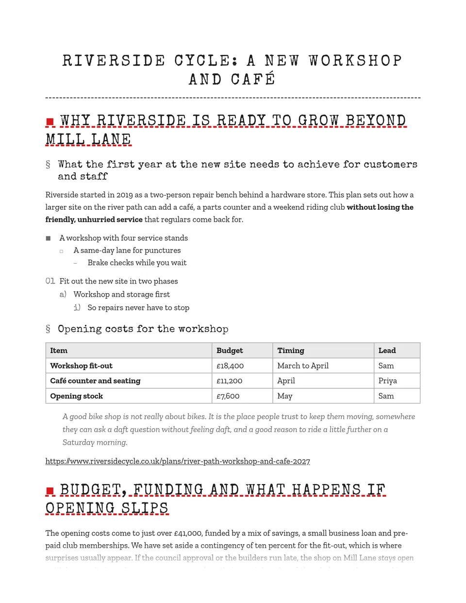 Typewriter headings with a red square and dashed red underline sit over a clean slab-serif text, with form-style boxed tables and zero-padded list numbers. A good fit for reports, briefings, research notes and project write-ups that want a dossier feel.