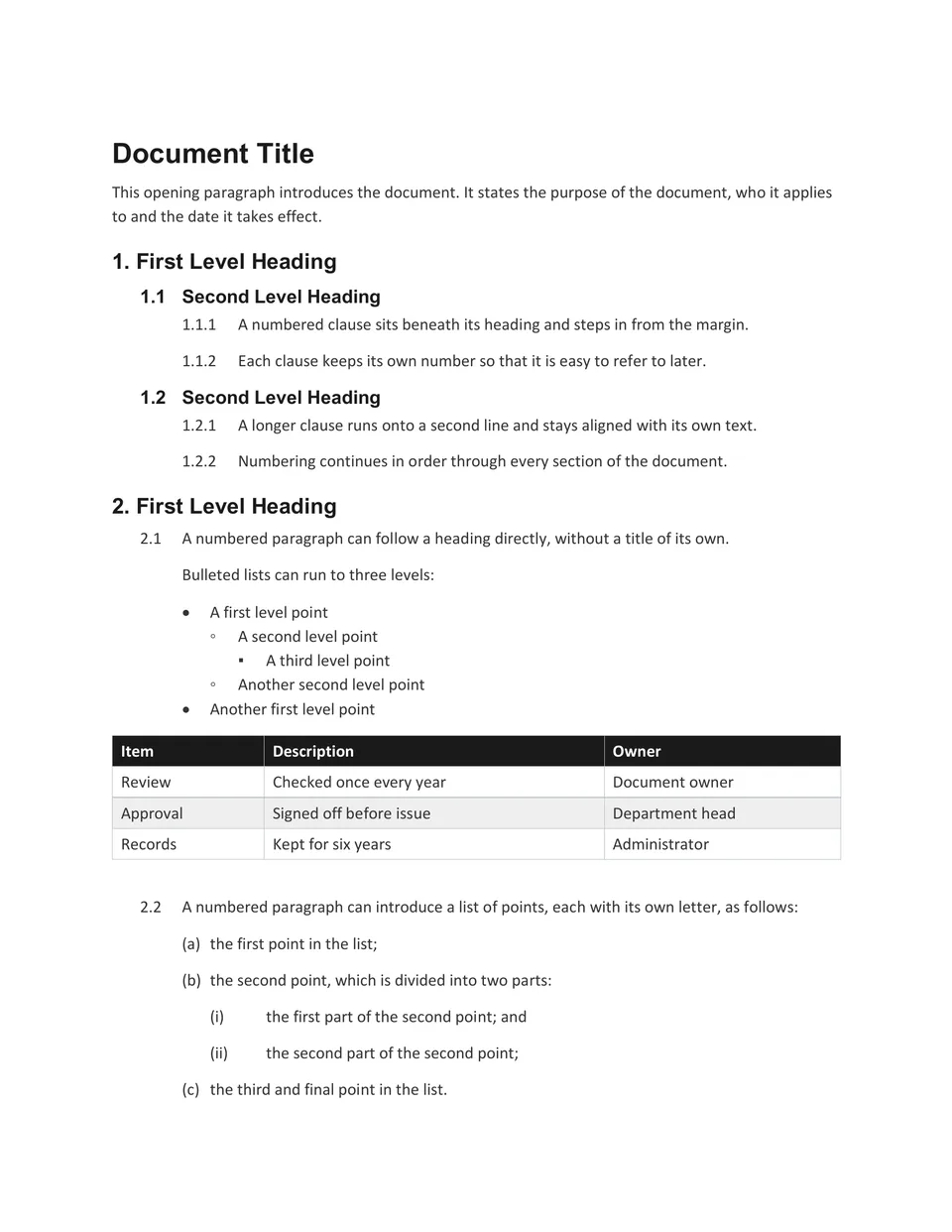 Plain black and white minimalism in a clean sans serif, with no colour or ornament anywhere. Suited to memos, internal policies and simple agreements.
