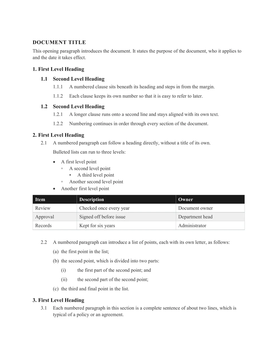 Plain black and white legal drafting in Times New Roman, every heading level the same calm size so numbered clauses read cleanly. Suited to contracts, agreements and legal documents.