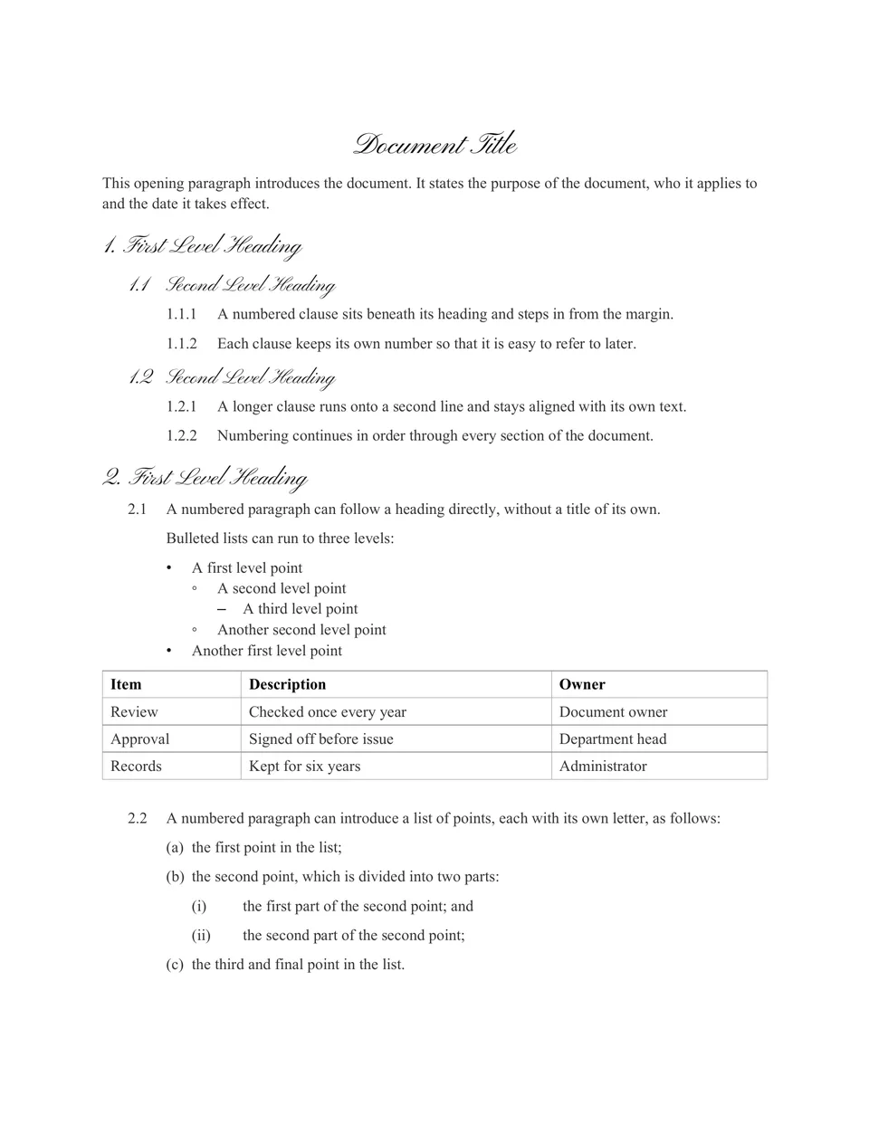 Flowing copperplate script headings, centred at the top level, over a classic Times New Roman text in black and grey. Suited to wedding programmes, invitations, certificates and ceremony documents.