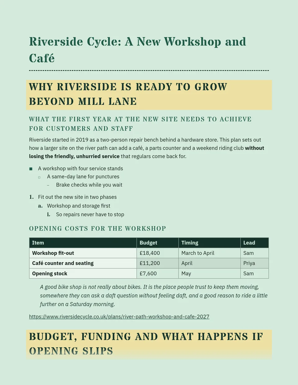 Deep green stencil capitals stamped on a speckled straw band over pale mint paper, with a sturdy dark-header table and square bullets - suited to project proposals, operations reports and event plans.
