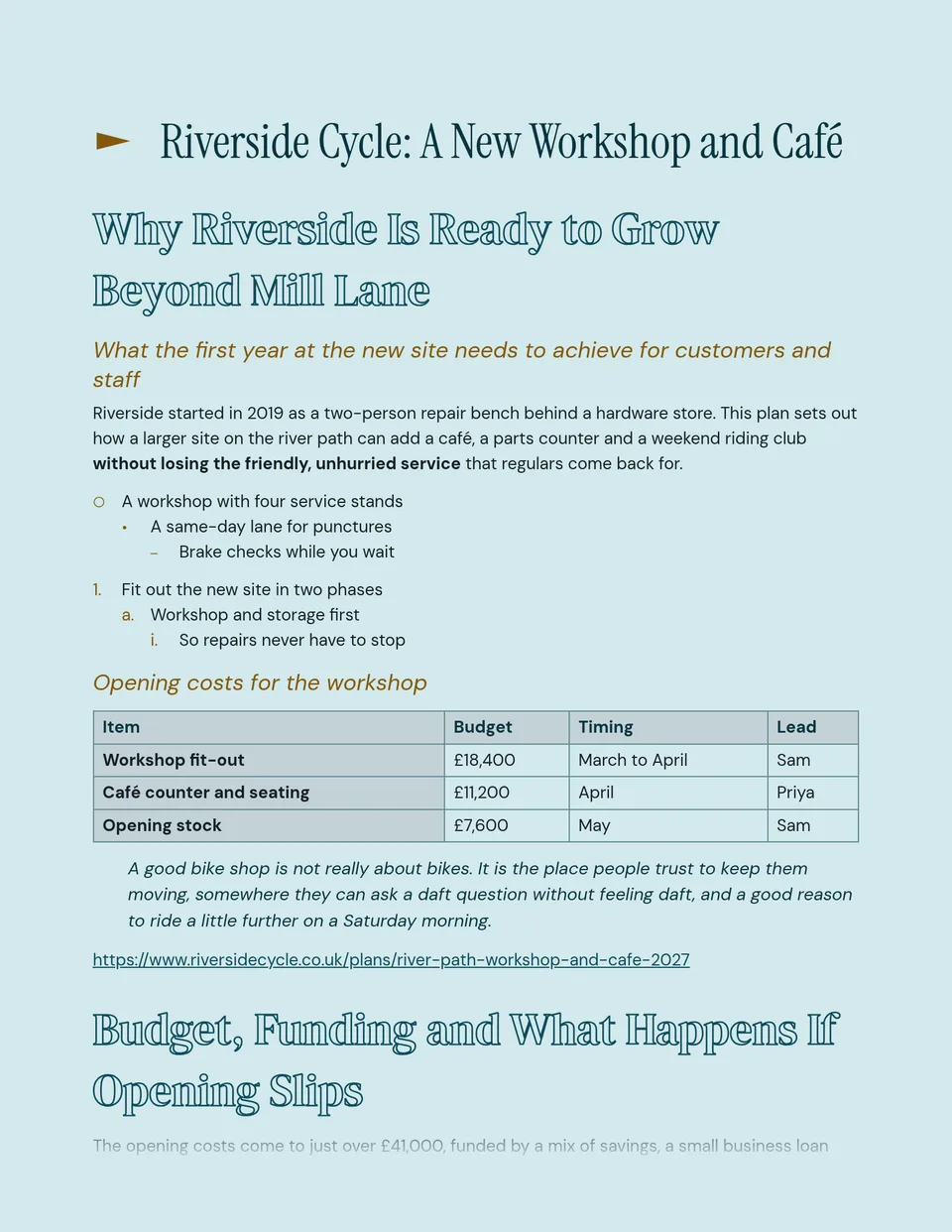 Hollow serif headings drawn in a fine deep-teal line on a pale aqua page, with antique brass accents and a neat boxed table - suited to brand proposals, creative briefs and newsletters.