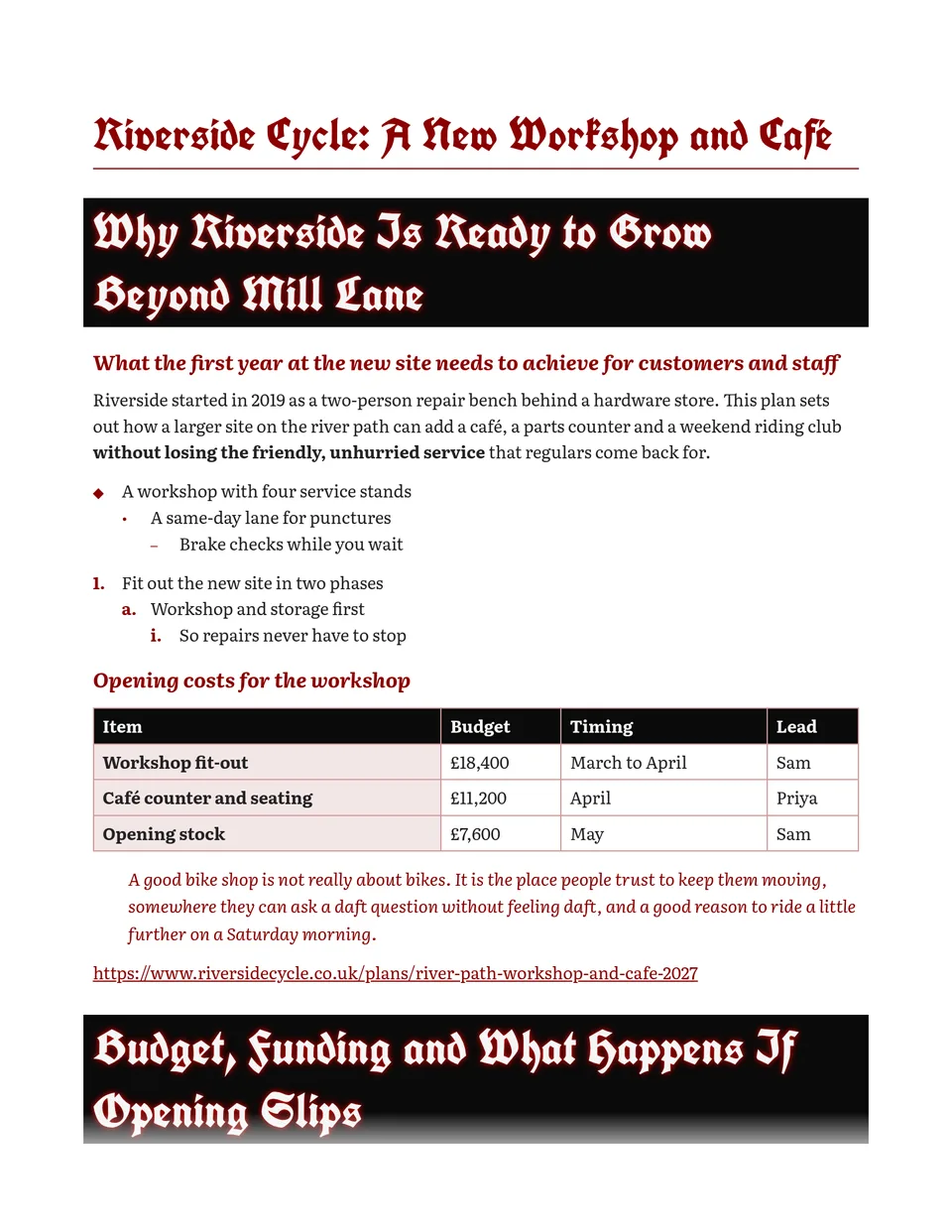 Gothic blackletter headings on black bars with a red glow, set against calm, bookish body text and oxblood details. Suits band and event programmes, zines, posters, and game or fiction handouts.
