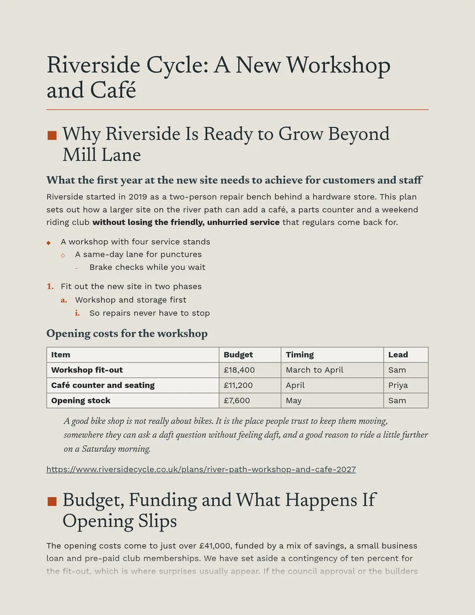 Slate serif headlines marked with a small burnt orange square, set over clean grotesk text on a warm stone page - suited to newsletters, briefings and editorial reports.