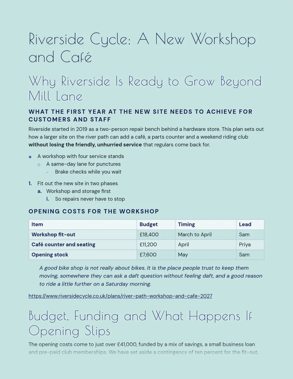 Thin art deco headings in deep indigo with a soft white halo on a pale aqua page, with an airy light table and diamond bullets - suited to event proposals, brand briefs and newsletters.