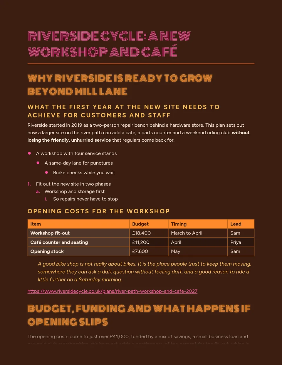 Tangerine and hot pink neon-tube headings glow over a chocolate-brown page, with a mirrorball-gold touch on the subheadings - made for event proposals, club night briefs, music newsletters and creative pitches that want a funky 70s night out.