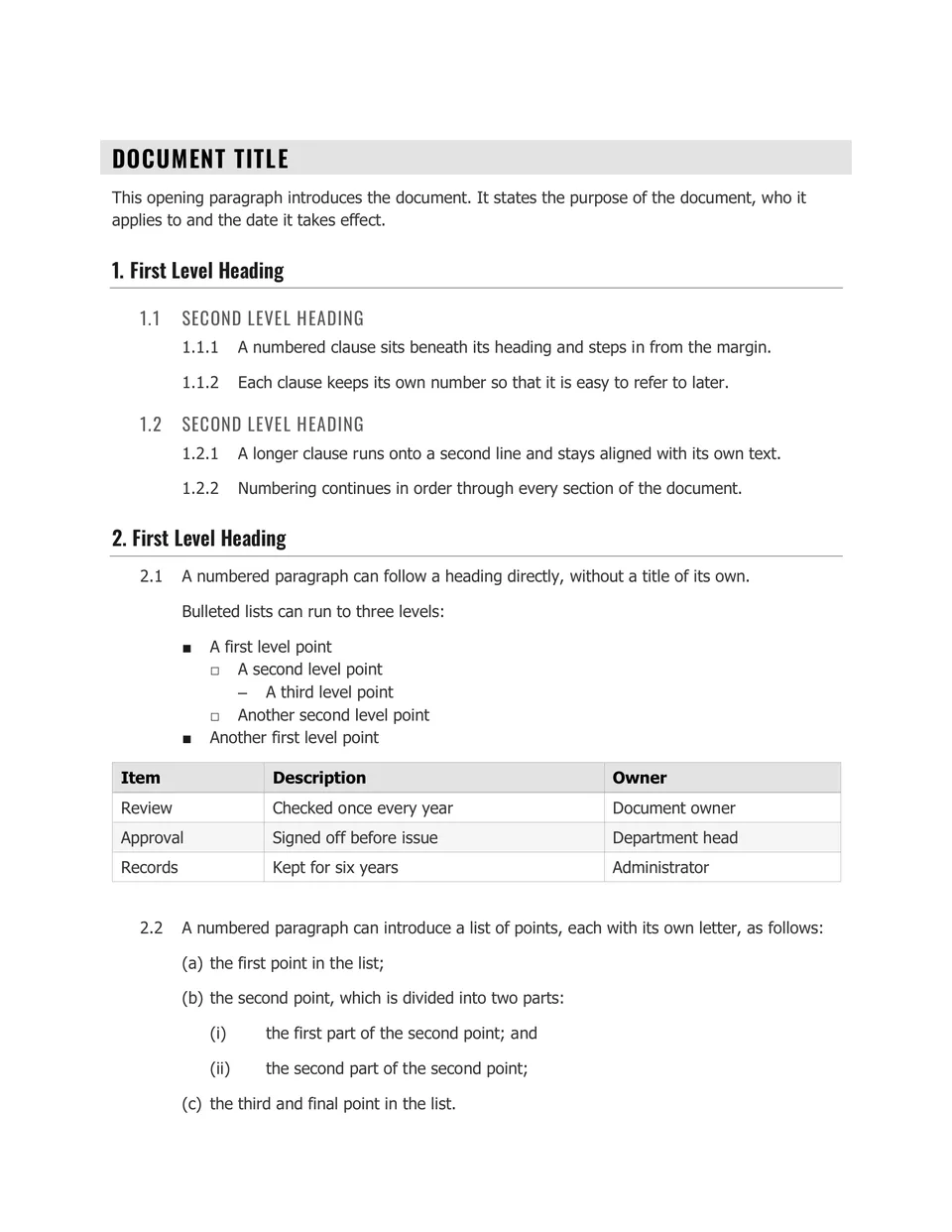 Condensed capital headings on a light grey band with ruled subheadings, in black and grey throughout. Suited to board papers, committee reports and briefing packs.