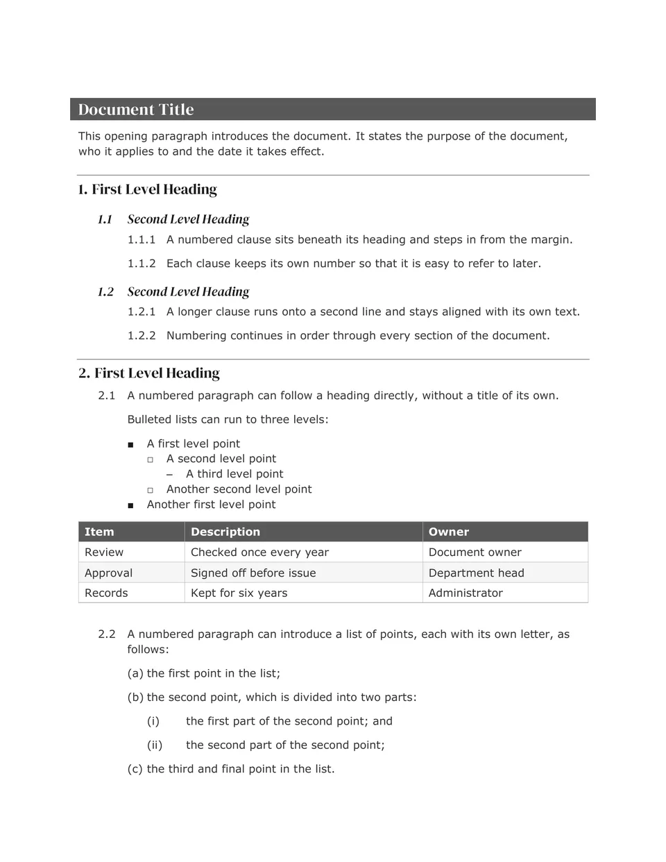 Warm serif headings, the main ones reversed out of a grey band and the subheadings under a fine rule, with Verdana text. Suited to reports, briefing papers and committee documents.