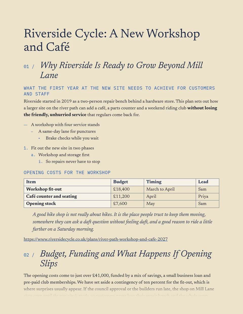 A reporter's notebook on sand-coloured paper, with small typewritten index numbers ahead of navy italic section headings and a thin ruled grid for tables - suited to research summaries, project proposals, travel write-ups and newsletters.