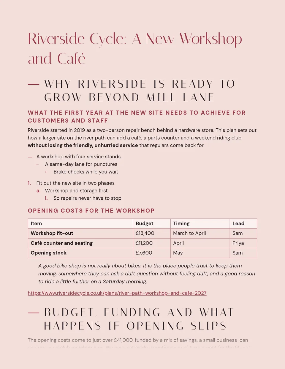 Thin, widely spaced fashion capitals led in by a single rose dash on a blush page, with light ruled tables and dash bullets - suited to lookbooks, brand proposals, event programmes and creative briefs.