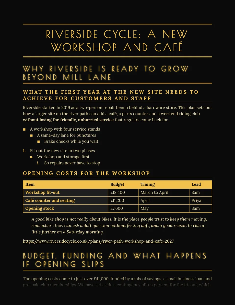 Thin Art Deco capitals glow gold on a black page, with gold double rules and even the paragraphs set in pale gold - made for event proposals, gala invitations, menus and launch newsletters that should feel like a night out.