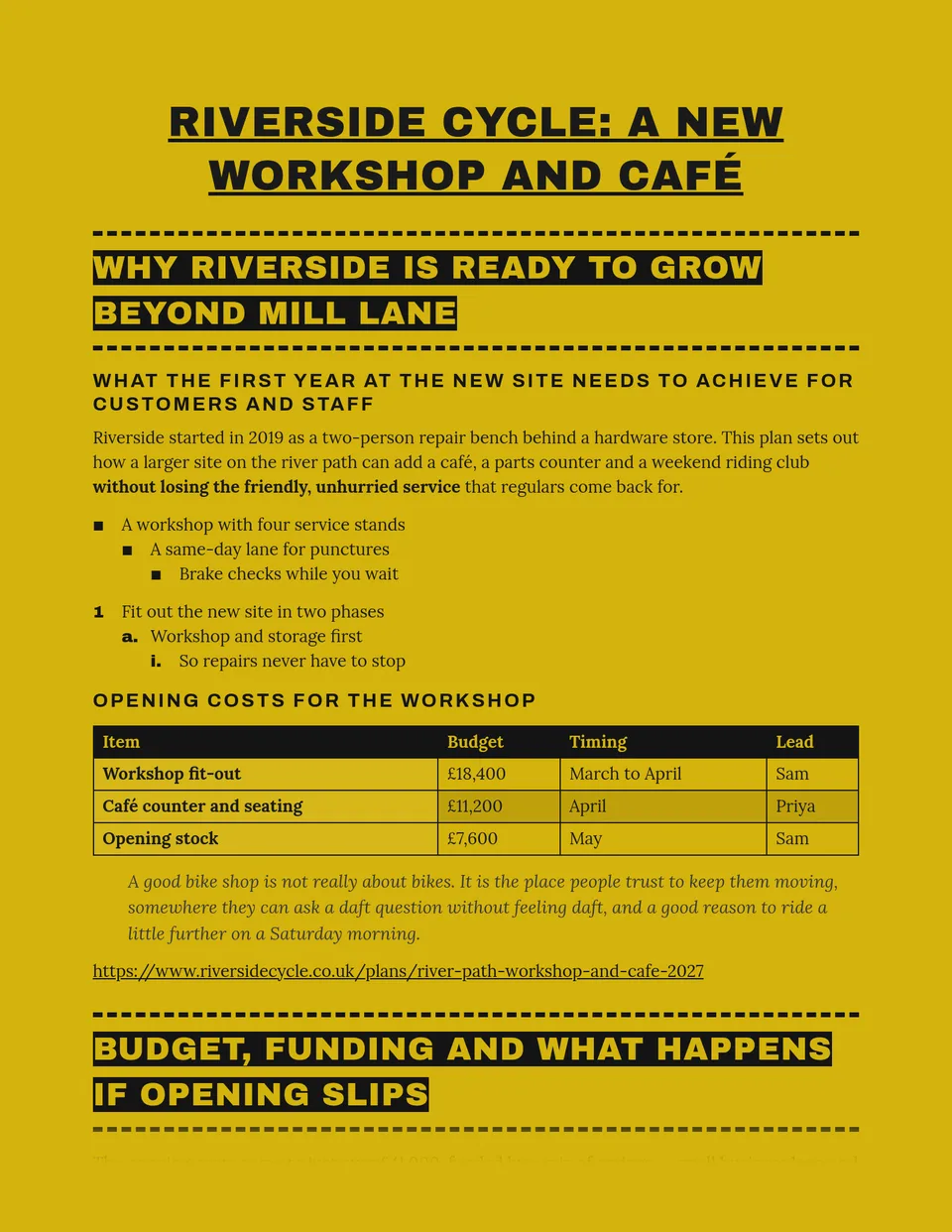 A site notice in black and yellow: section headings in yellow capitals on a black marker between lines of dashed black tape, on a mustard-yellow page, with black square bullets, heavy list numbers and warm Lora body text. Suited to event proposals, campaign briefs and announcements.