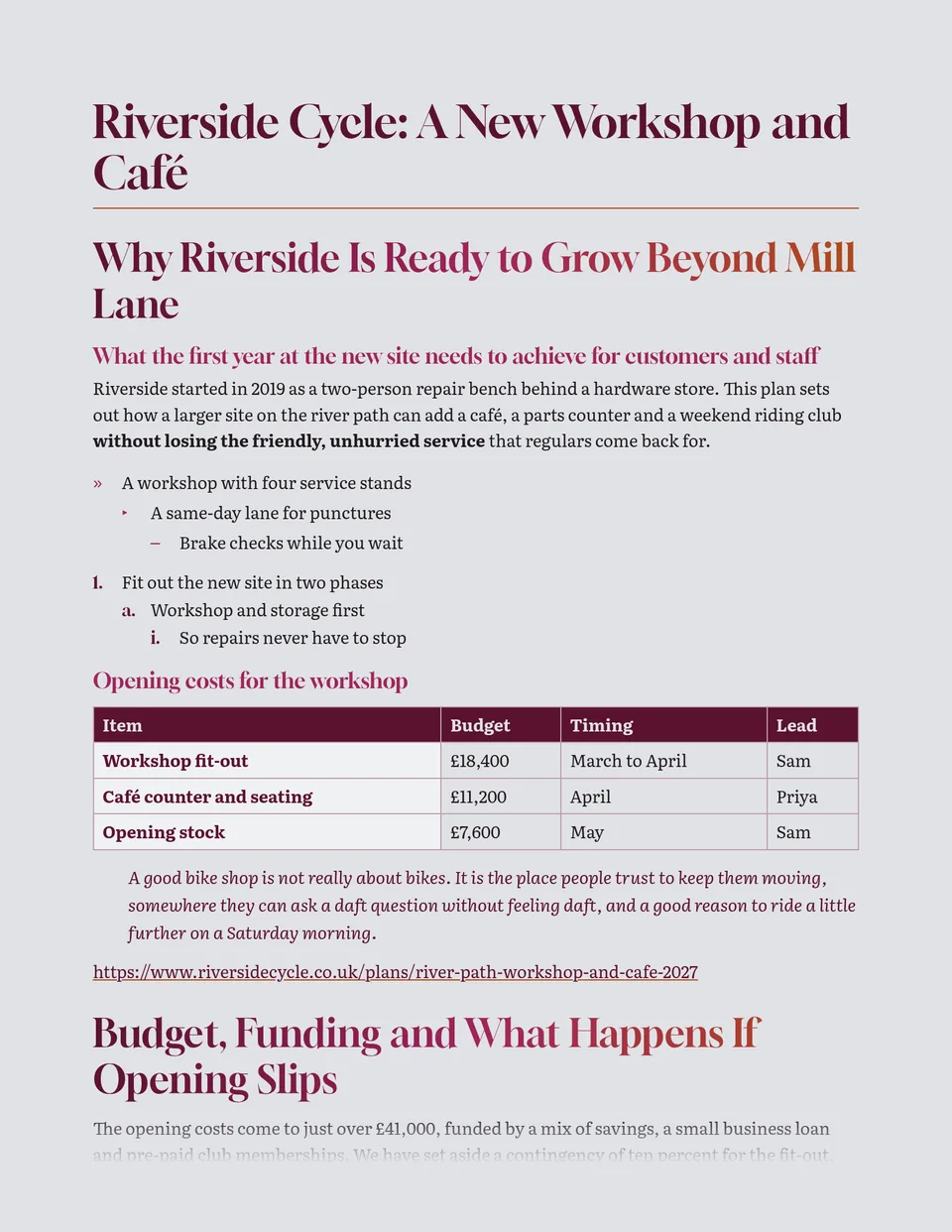 A dramatic gallery serif whose section headings run from wine through magenta to burnt orange on cool grey paper, with bookish text and a solid wine table header - suited to exhibition proposals, creative briefs and arts newsletters.