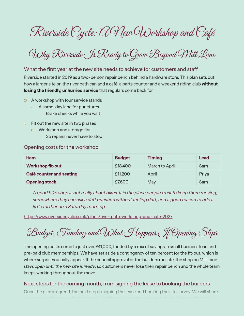 A looping wine-red script heading, centred on pale seaglass green paper, with clean sans text and an open table - suited to event programmes, party details, menus and welcome packs.