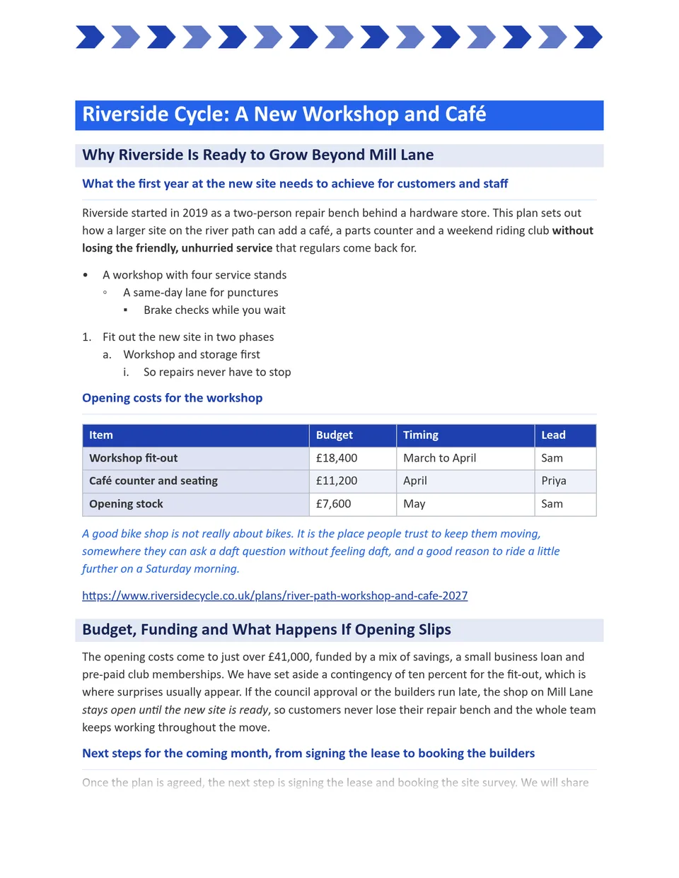 Clean headings stepping from a vivid mid-tone band to a pale wash, with chevrons marching across the top. Suited to production plans, process documents and workshop reports.