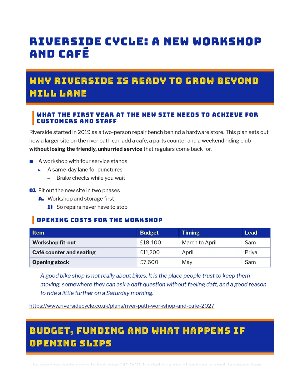 Bright signage headings in yellow on a royal blue band with bold orange rules, set over a clean, sturdy sans for easy reading. Suited to event programmes, launch announcements, newsletters, flyers and pitch one-pagers.