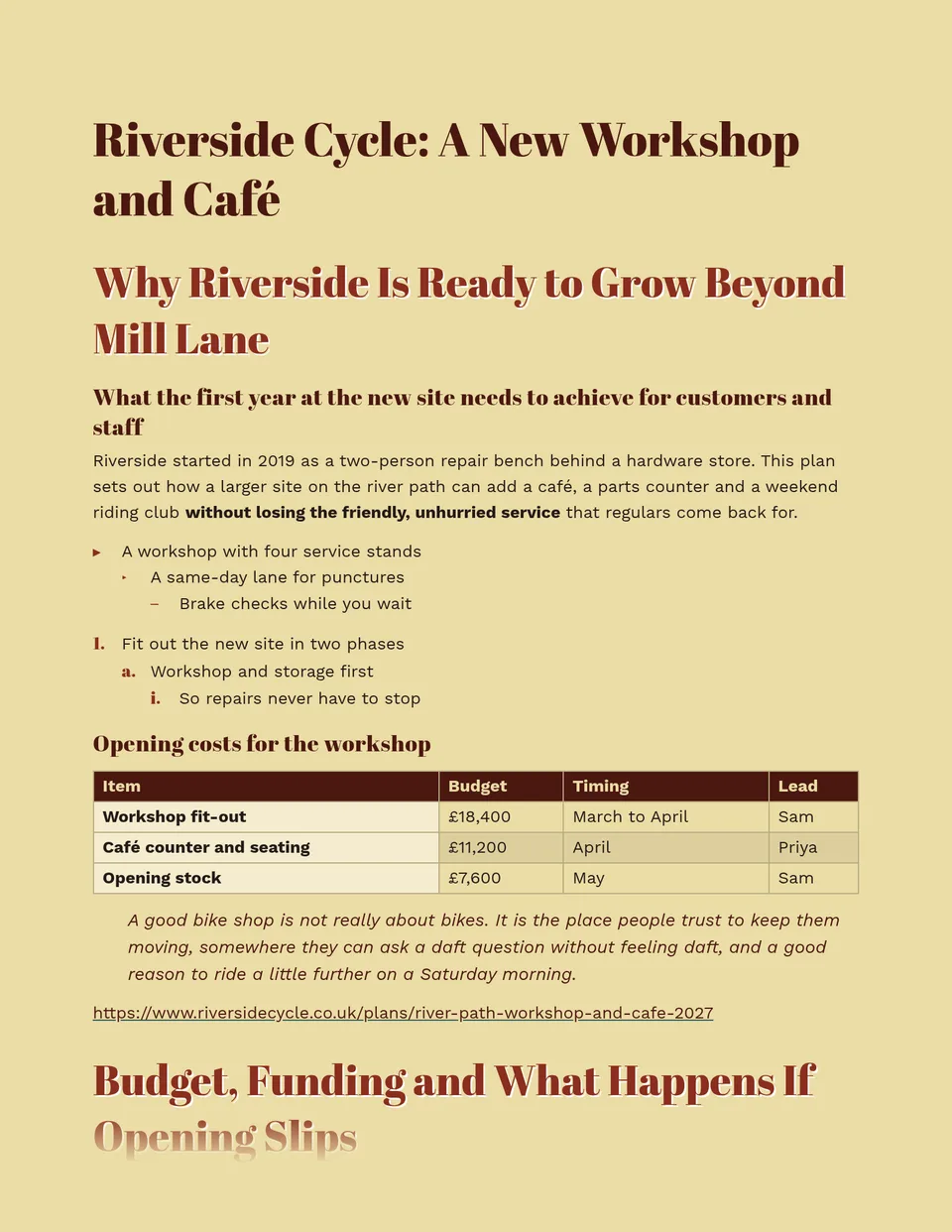 Fat brick-red headings pressed into a butter-yellow page with a hairline of white at their lower edge, set over clean grotesk text and a dark-headed striped table - suited to brand proposals, creative briefs, menus and newsletters.