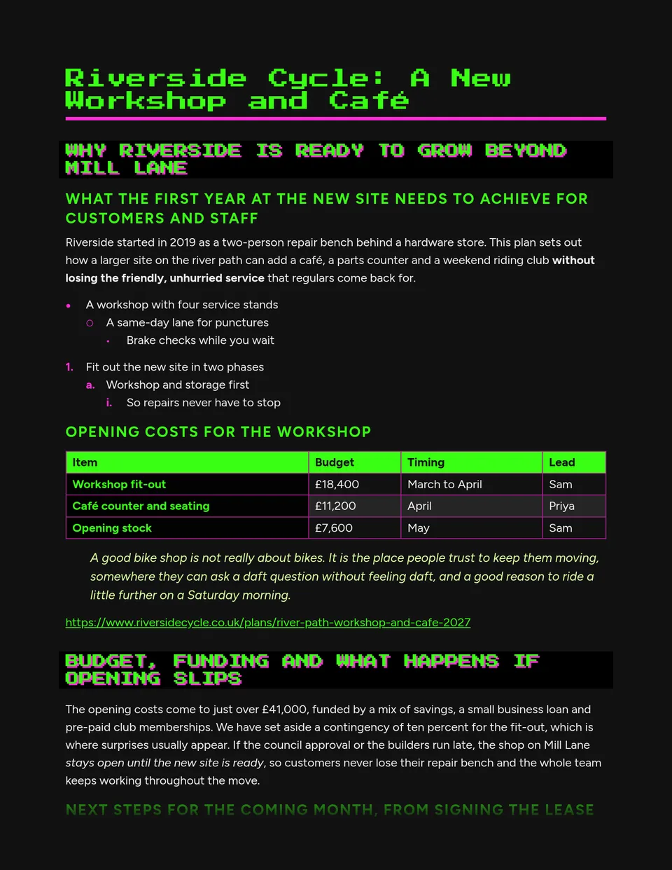 A black arcade-style page with neon green pixel headings, a hard magenta drop shadow and fluoro yellow and magenta accents throughout - made for gaming newsletters, esports event proposals, stream schedules and game launch briefs.