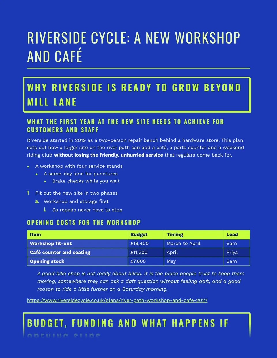 An electric cobalt page with lime capitals, where each section heading sits in a hard-shadowed lime box like a shipping label, and tables carry a solid lime header. Suited to event proposals, creative briefs, product launch plans and newsletters.
