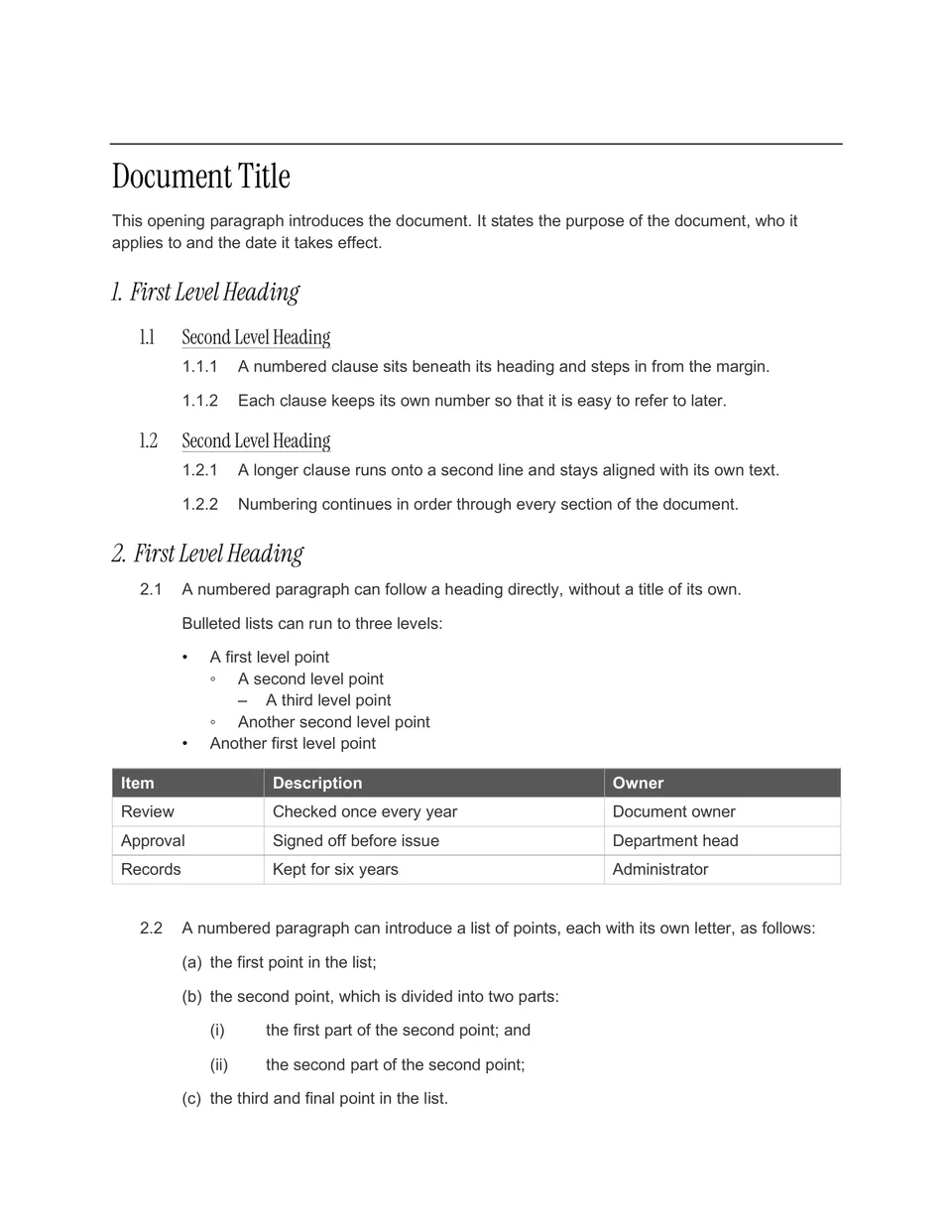 Light serif headings under a single top rule with italic subheadings and clean Arial body text, in black and grey. Suited to meeting minutes, briefings and memos.