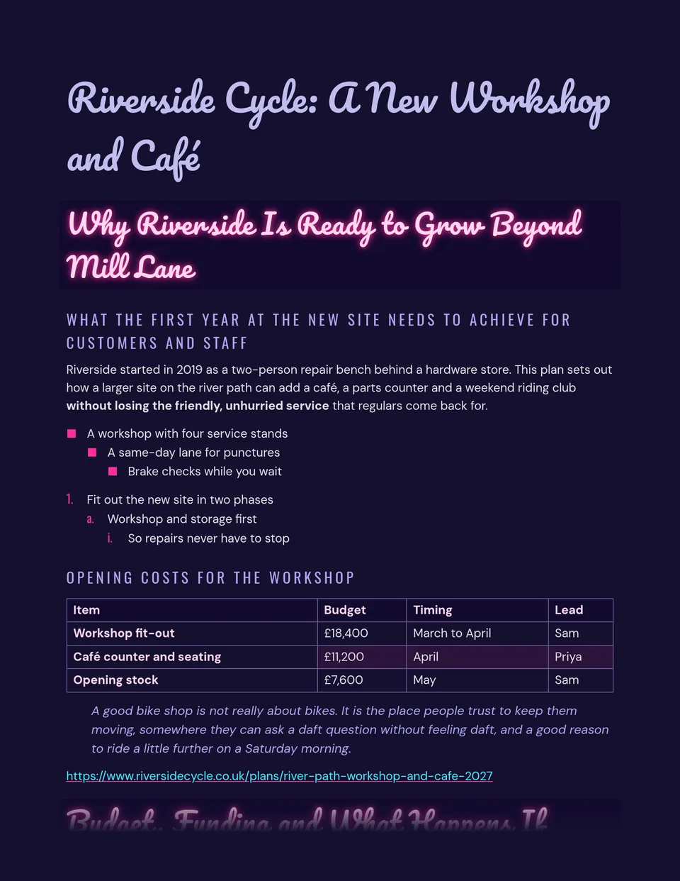 A motel sign at night: pale-pink script headings glowing hot pink on midnight bands, on a deep midnight-violet page, with Oswald capitals and calm DM Sans body text. Suited to event proposals, creative briefs and nightlife or hospitality pitches.