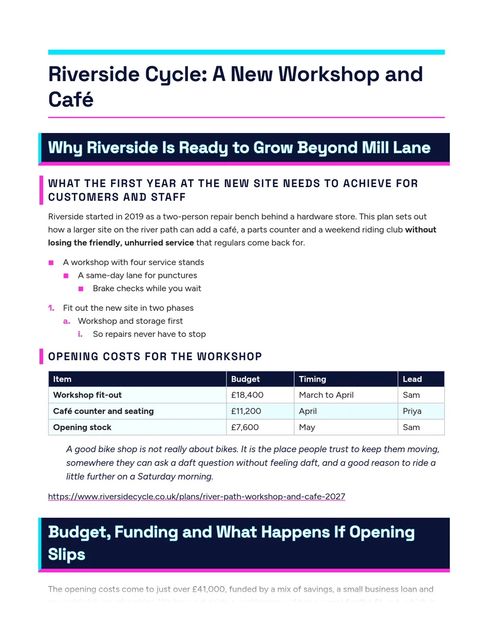 Late-night metro signage on a clean white page - white grotesk headings rimmed in cyan on a midnight band, with a cyan side bar and a magenta underline. Suited to event proposals, product launch briefs, tech newsletters and creative pitch decks.