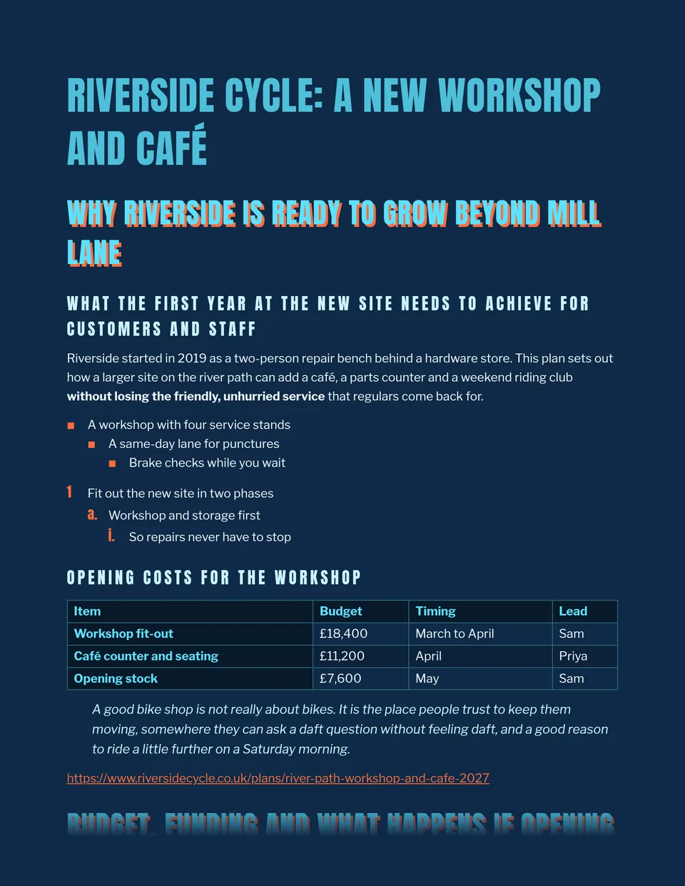 A lit pool after dark: pool-cyan poster headings in bold condensed capitals with a coral offset on a deep navy page, with coral square bullets, coral list numbers and sturdy Libre Franklin body text. Suited to event proposals, pitch documents and creative briefs.