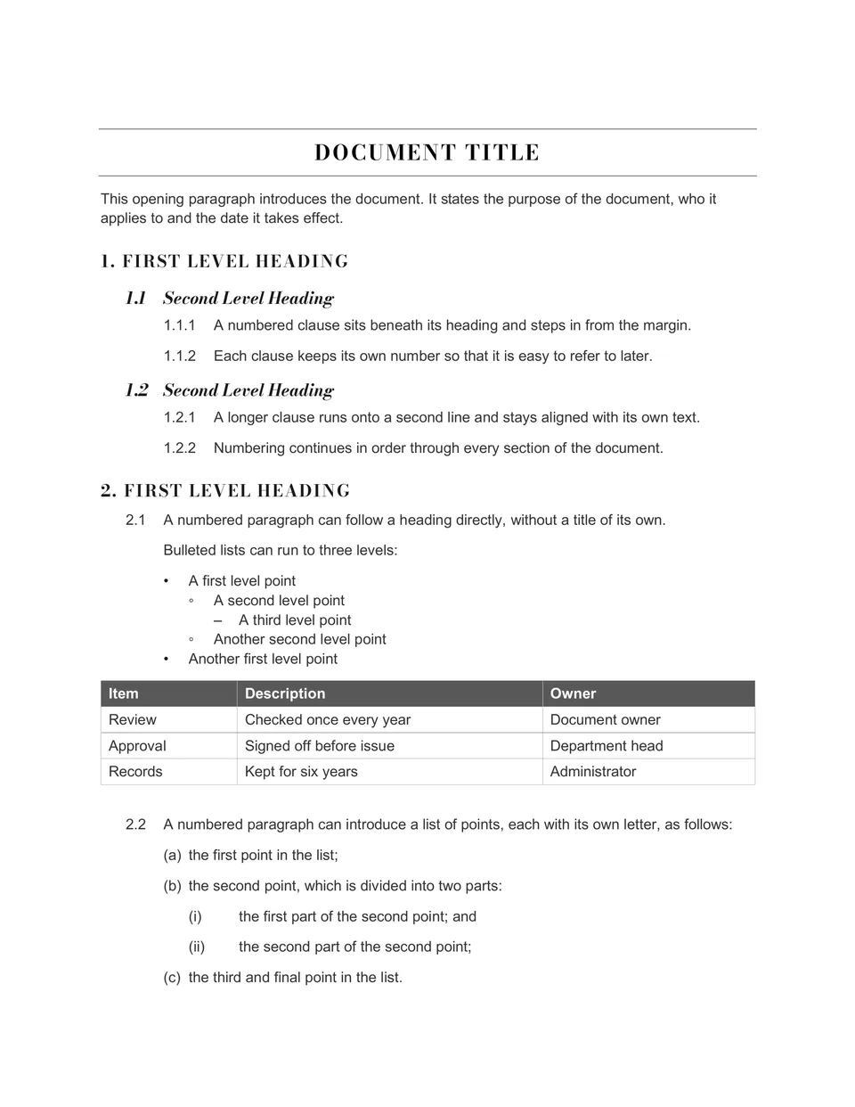Centred capitals in a high-contrast serif set between two fine rules, with spaced capital subheadings and clean Arial text. Suited to policies, formal notices and board papers.