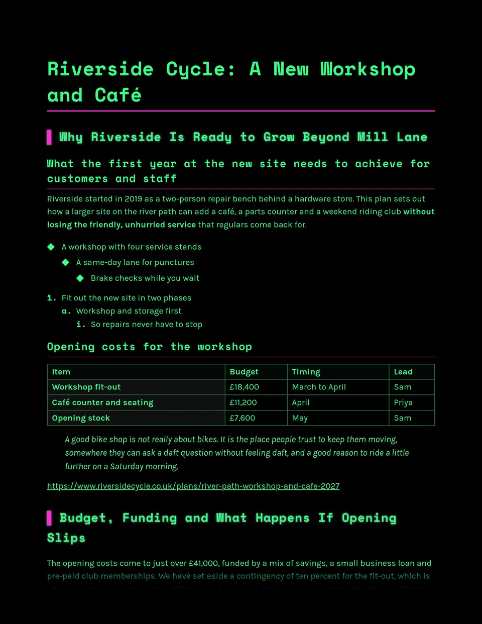 A black CRT-style page with glowing phosphor-green mono headings, a blinking-cursor bar and fluoro magenta and blue accents - built for game design docs, hackathon pitches, dev team newsletters and tech event briefs.